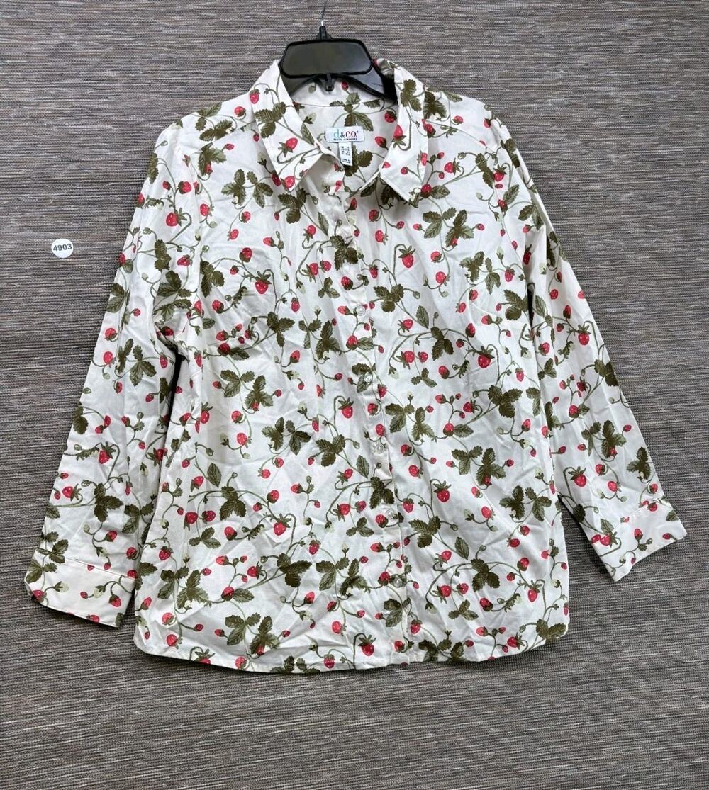 Denim & Co. Printed Button Front Long Sleeve Poplin Top White 1X Long Sleeve NEW
